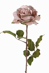Rose 'Glamour', 1 fleur : Ø 12 cm, h. 7 cm, velours & polyester, 2 jeux de feuilles, 8 feuilles au total, 61 cm